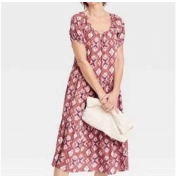 Knox Rose Women's Geometric Peasant Midi Dress Large Mauve A-Line - Picture 1 of 13